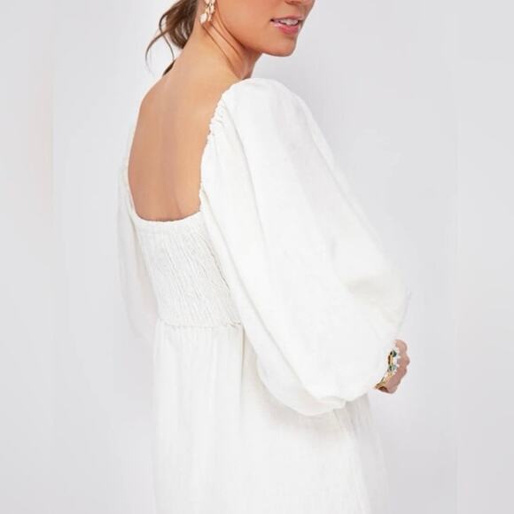 Tuckernuck Dress Puff Sleeve Linen Annie Smocked Mini White Women's Size Large - Picture 10 of 10